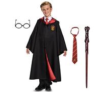 Disfraz de Harry Potter Gryffindor, bata oficial de Wizarding World Deluxe con corbata, gafas y varita, talla grande para niños (10-12)