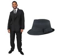 Disfraz de hermano Blues para adultos, grande, chaqueta y pantalones negros, sombrero Trilby de 60 cm, divertido disfraz de comedia musical de los años 80 para Halloween