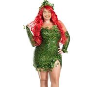 Disfraz de hiedra venenosa de Halloween para mujer, sin mangas, vestido de lentejuelas con hojas falsas y guantes (verde, M)