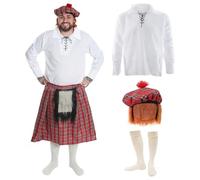 Disfraz de hombre escocés para adultos, talla S, camisa blanca con cordones, falda escocesa roja con esporran adjunto, sombrero de tartán Tam O Shanter y calcetines de falda escocesa, disfraz de noche