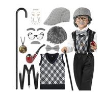 Disfraz de hombre viejo para niños pequeños, disfraz de abuela, disfraz para niños, disfraz para 100 días escolares para niños con sombrero, pajarita chaleco, tirantes, gafas, cejas, barba, bastón,