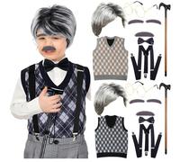 Disfraz de hombre viejo para niños pequeños, disfraz de abuela, disfraz para niños, disfraz para 100 días escolares para niños con sombrero, pajarita chaleco, tirantes, gafas, cejas, barba, bastón,