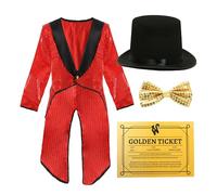 Disfraz de jefe de fábrica de chocolate para niños, pequeño, abrigo de lentejuelas rojas, sombrero de copa negro, boleto dorado, pajarita de lentejuelas doradas, disfraz de la semana del libro para