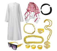 Disfraz de jeque - Conjunto de bata blanca árabe para hombre, accesorios de cosplay de cuello, kit completo de temática,