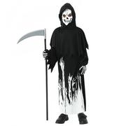 Disfraz de la Parca para niños y niñas, disfraz aterrador de Halloween que brilla en la oscuridad, túnica de la Parca con guantes, guadaña, juego de 3 piezas (B, 7-9 años)