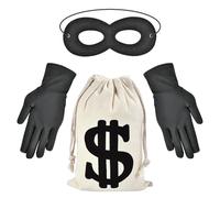 Disfraz de Ladrón,3 Piezas Juego de disfraz de ladrón de banco,accesorio para cosplay de ladrones, incluye Antifaz Negro Disfraz Ladron,Guantes, Saco de Dinero, para Carnaval, para Adultos y Niños (A)