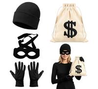Disfraz de Ladrón,Accesorios de Vestido Ladrón para Halloween Carnaval | Disfraz de Ladrón de Bancos con Máscara de Ojos de Bandido,Bolsa,Gorro de Punto,Guantes,Ladrón Accesorio para Cosplay Fiesta