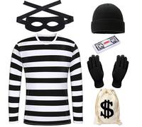 Disfraz de Ladrón Adultos Mujeres Hombres Disfraces de Ladrones de Bancos Disfraz de ladrón Camiseta de Manga Larga Máscara de Ojos Bolsa de Cordón Carnaval Fiesta Cosplay Halloween (Hombres, S)