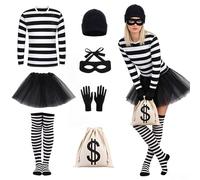 Disfraz de ladrón bancario para mujer TGKYK, set de 7 piezas para adulto con camiseta, falda corta, medias de rodilla, gorro de punto, máscara, guantes, monedero, set de ladrón para cosplay, L/XL (XL)