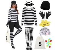 Disfraz de ladrón de banco para mujer, 9 unidades, disfraz de depredador para adultos, gorro de punto, máscara de ojos, guantes, monedero, calcetines hasta la rodilla, camiseta, disfraz de ladrón para