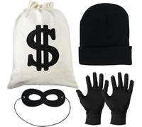 Disfraz de Ladrón de Bancos con Antifaz Negro y Bolsa con Diseño de Dólares | Accesorios para Disfraz de Ladrón para Halloween, Carnaval y Fiestas Temáticas, para Crear un Look De Ladrón