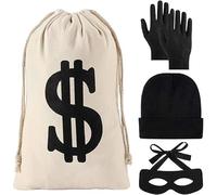 Disfraz de Ladrón de Bancos con Antifaz Negro y Bolsa con Diseño de Dólares | Accesorios para Disfraz de Ladrón para Halloween, Carnaval y Fiestas Temáticas, para Crear un Look De Ladrón