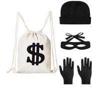 Disfraz de ladrón de bancos para mujer, hombre y niños, disfraz de criminal ladrón con estampado de monedas doradas, máscara de ojos, bolsa de dinero dólar, gorra, guantes para carnaval, Halloween,