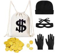 Disfraz de ladrón de bancos para mujer, hombre y niños, disfraz de criminal ladrón con estampado de monedas doradas, máscara de ojos, bolsa de dinero dólar, gorra, guantes para carnaval, Halloween,