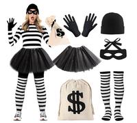 Disfraz de Ladrón, Disfraces Ladrón de Banco Incluye Bolsa de Dinero de Dólar Máscara de Ojos de Bandido Gorro de Punto y Guantes, Accesorio para Cosplay Fiesta Carnaval Halloween y Juegos de Rol
