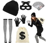 Disfraz de Ladrón, Ladrón de Bancos, Disfraz la Casa Papel Bolsa de Dinero de Dólar Máscara de Ojos de Bandido Gorro de Punto y Guantes Accesorio para Adultos Carnaval Halloween Cosplay Fiesta
