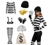 Disfraz de ladron Mujer,Disfraz Ladrón Adulto,Con Camiseta Sombrero Guantes Calcetín Máscara de Ojo Bolsa de Dinero Billete de Banco,Monedas de oro,Accesorios Disfraz ladron,Disfraz de Carnaval