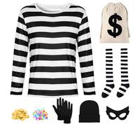 Disfraz de Ladrón para Mujer y Adultos - Camiseta a Rayas en Blanco y Negro, Medias para Ojos, Monedas - para Halloween, Carnaval, Día Mundial del Libro