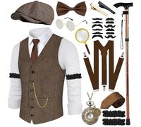 Disfraz de los años 20 para hombre, chaleco con accesorios, lupa, muleta, reloj de bolsillo, barba, boina, gafas, alfiler de corbata para disfraz de mafia, disfraz de 1920S, gángster, Peaky Blinders