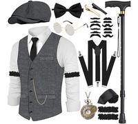 Disfraz de los años 20 para hombre, chaleco con accesorios, tirantes, muleta, reloj de bolsillo, barba, boina, gafas, alfiler de corbata para disfraz de mafia de los años 20, gángster, Peaky Blinders