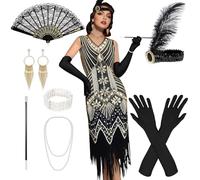 Disfraz de los años 20 para mujer, vestido de los años 20 con accesorios de los años 20, cuello de pico, lentejuelas y flecos, vestido de carnaval con abanicos, para carnaval, fiestas, bailes, L