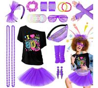 Disfraz de los años 80 para mujer, disfraz de Daman de los 80, 28 piezas, 80 disfraces, accesorios con camiseta, tutú, riñonera, guantes de malla, ropa de 80 años, disfraz de neón para mujer, para