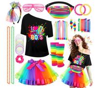 Disfraz de los años 80 para mujer, disfraz de los años 80, 28 piezas, disfraz de los 80, accesorios con camiseta, tutú, riñonera, guantes de red, ropa de 80 años, disfraz de neón para carnaval, fiesta