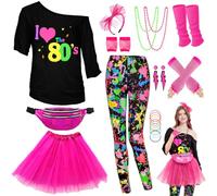 Disfraz de los años 80 y 90 Leggings coloridos para mujer, ropa de neón, riñonera TuTu diadema, pendientes, collar, guantes de red, calentadores, accesorios, carnaval, Halloween, temática, fiesta