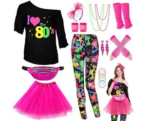 Disfraz de los años 80 y 90 Leggings coloridos para mujer, ropa de neón, riñonera TuTu diadema, pendientes, collar, guantes de red, calentadores, accesorios, carnaval, Halloween, temática, fiesta