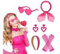 Disfraz de los años 80 y 90 para mujer, color rosa, diadema rosa, guantes de malla de gasa, bufanda de gasa, pendientes de gafas de sol, pendientes de color rosa, accesorios de disfraz para adultos,