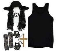 Disfraz de luchador de los años 90 para adultos, camiseta de chaleco negro, peluca rizada, sombrero, mangas de tatuaje, guantes con tachuelas, cruz dorada, barba de cabra, disfraz de lucha libre para