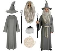Disfraz de Mago para Adultos: Sombrero de Mago Gris Modificable a Voluntad, Túnica Gris, Peluca & Barba, Varita Mágica Ensamblable, Red para Cabello, Cinturón de Yute, Disfraz para Fiesta de Carnaval