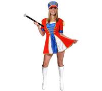 DISFRAZ DE MAJORETTE PARA MUJER - VESTIDO ROJO AZUL Y BLANCO CON DETALLES DORADOS + SOMBRERO DE MAJORETTE AZUL + BASTÓN DE MARCHANDO - DISFRAZ DE SOLDADO DE JUGUETE TRAJE DE ANIMADORA (X-PEQUEÑO)