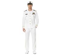 Disfraz de marinero para adultos, pequeño, parte superior blanca con botones y detalles dorados, pantalones a juego, sombrero de capitán blanco, disfraz de capitán de mar para hombre