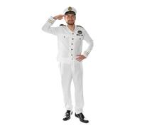 Disfraz de marinero para adultos, pequeño, parte superior blanca con charreteras y detalles dorados, pantalones a juego, sombrero de capitán blanco y dorado, disfraz de capitán de mar para hombre