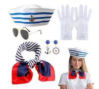 Disfraz de marinero - Sombrero de capitán de yate de 22,83 pulgadas | Traje de náutico - Material de polipropileno de poliéster de 150 g con gafas, pendientes, bufanda y guantes para Halloween