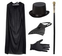 Disfraz de médico de la peste negra, retro, con antifaz con pico de ave de piel, con chistera negra, bastón, capa negra con capucha, guantes negros