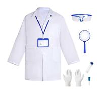 Disfraz de Médico para Niños 7 Piezas, Bata Blanca Niño Niña y Bata Cientifico Niño, Set de Doctor Infantil con Gorro, Tarjeta ID, Estetoscopio, Jeringa y Gafas, Juego de Rol Halloween 3-10 Años (S)