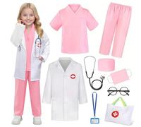 Disfraz de médico Wbesty para niños de 9 piezas, conjunto de juego de rol de médico para niños y niñas con bolsa, uniforme médico para niños, disfraz para Halloween, juego de simulación, rosa, 7-8A