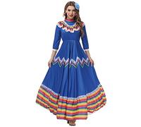 Disfraz de México para mujer, para Halloween, tradicional senorita, baile, estilo folclórico, fiesta del Cinco de Mayo, tocado con flores, Azul, XL