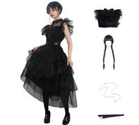 Disfraz de miércoles familiar, fiesta escolar, baile, vestido negro, vintage, gótico, cosplay, Halloween, para mujeres y niñas (L-vestido-peluca)