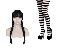 Disfraz de Miércoles Inspirado en la Familia Oscura |Peluca Negra Trenzada + Pantis a Rayas | Accesorios para Halloween, Cosplay y Fiestas de Disfraces