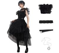 Disfraz de miércoles para la familia, vintage, gótico, negro, vestido de baile de cuervo negro, falda de encaje de tul para mujer, disfraz de fiesta de Halloween (2XL-vestido)