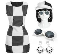 Disfraz de Mod de los años 60 para mujer, talla XL, vestido blanco y negro de lujo con peluca, sombrero, gafas de sol y aretes, disfraz retro de los años sesenta