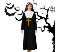 Disfraz de Monja Mujer - Traje de Monja Elegante | Conjunto De Monjas De 3 Piezas Con Collar Con Colgante De Cruz Y Vestido Largo | Disfraz de juego de rol religioso para celebración navideña, baile d