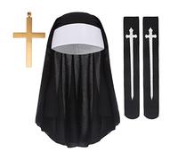 Disfraz de monja para Halloween, 3 piezas, juego de monjas, disfraz de mujer monástica, incluye adorno de cabeza de monja, cadena de cruz y medias sexy hasta la rodilla, accesorios para Halloween,