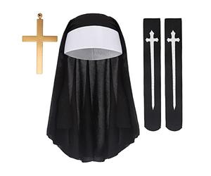 Disfraz de monja para Halloween, 3 piezas, juego de monjas, disfraz de mujer monástica, incluye adorno de cabeza de monja, cadena de cruz y medias sexy hasta la rodilla, accesorios para Halloween,