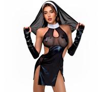 Disfraz de monja para mujer, 4 piezas, sexy, de piel sintética, conjunto de | Minivestido de malla transparente con espalda descubierta, camisón de noche, ropa interior, Halloween, juego de rol, uniforme