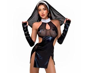 Disfraz de monja para mujer, 4 piezas, sexy, de piel sintética, conjunto de | Minivestido de malla transparente con espalda descubierta, camisón de noche, ropa interior, Halloween, juego de rol, uniforme