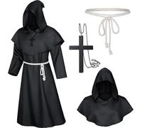 Disfraz de Monje para Hombre con Capucha y Cruz - Sacerdote Medieval Renacentista - Traje de Halloween para Fiesta Temática (Negro)